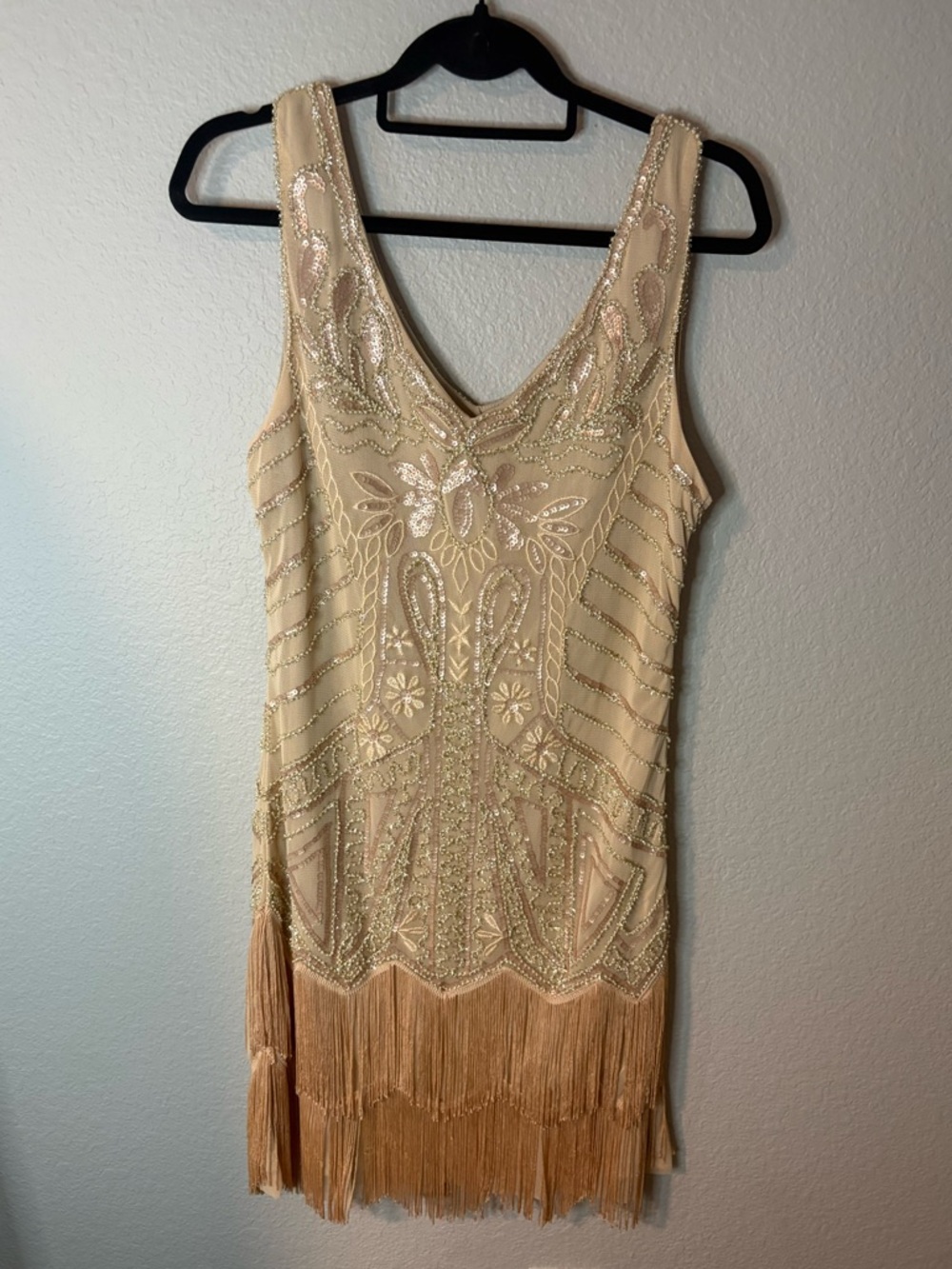Beaded Fringe Sleeveless Dress - Cream